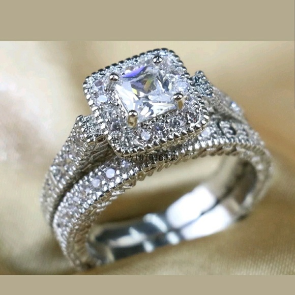 2Pc princess cut ring sterling silver wedding ring - Picture 1 of 8